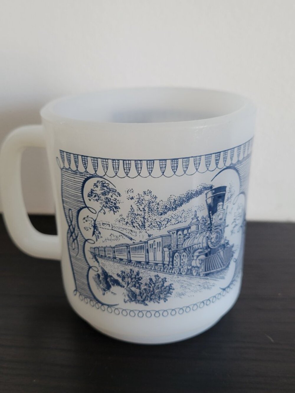Vintage Royal USA Currier And Ives Blue Train Locomotive Tea Cup Milk Glass Mug